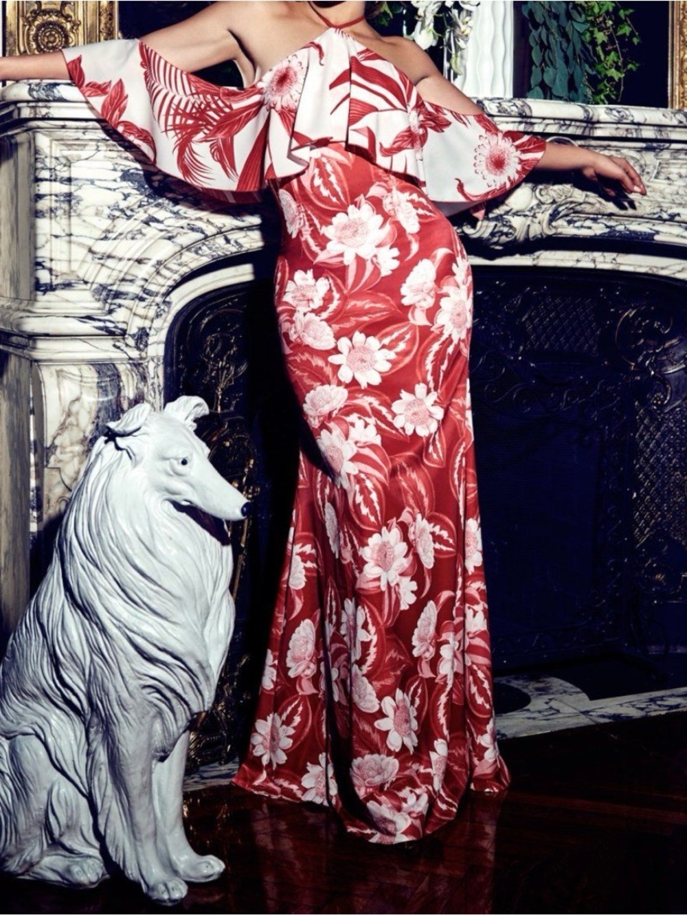 Marciano Red and White Floral One-Shoulder Maxi Dress